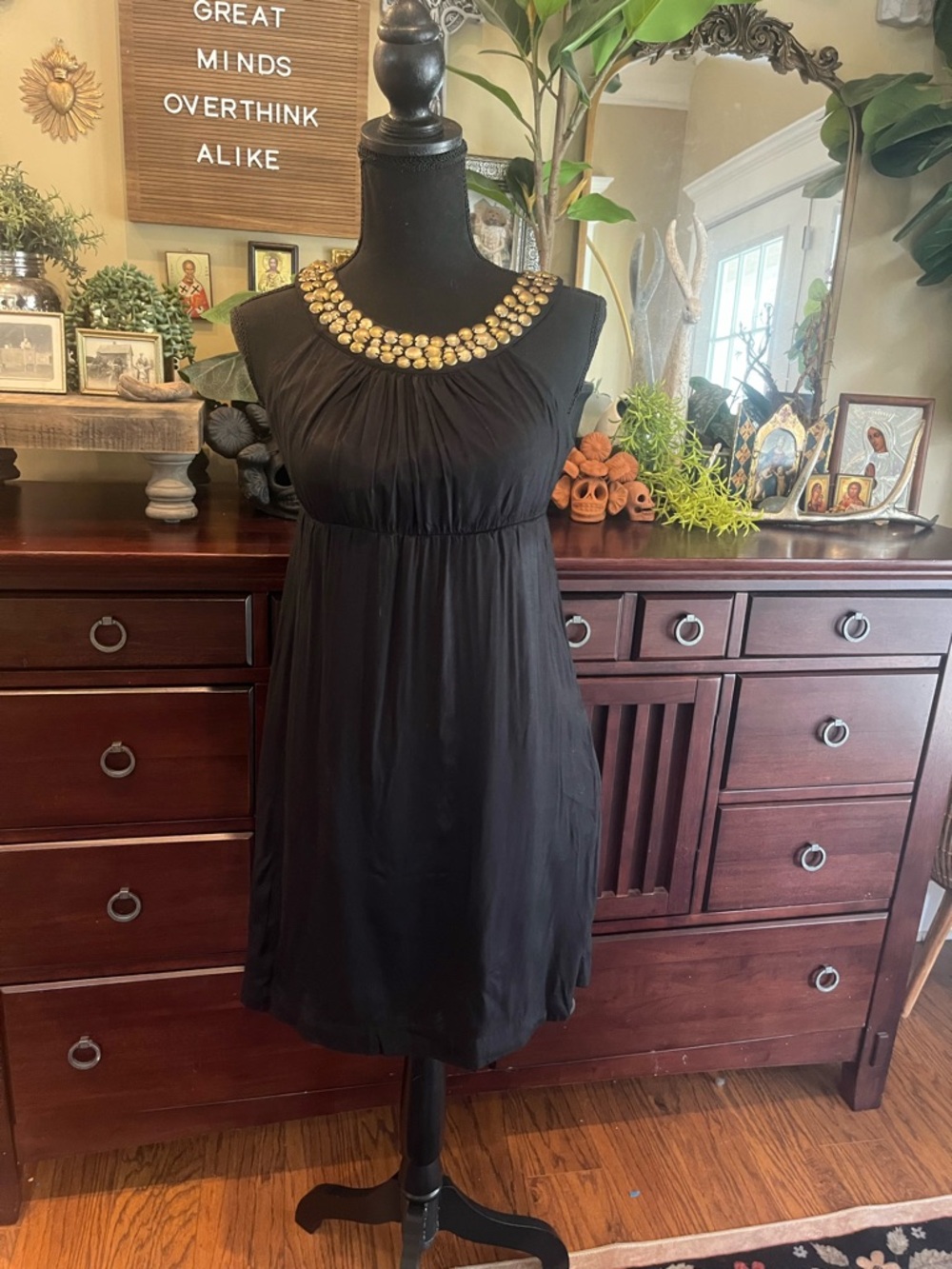 Old Navy Black Mini Dress with Gold Beaded Neckline